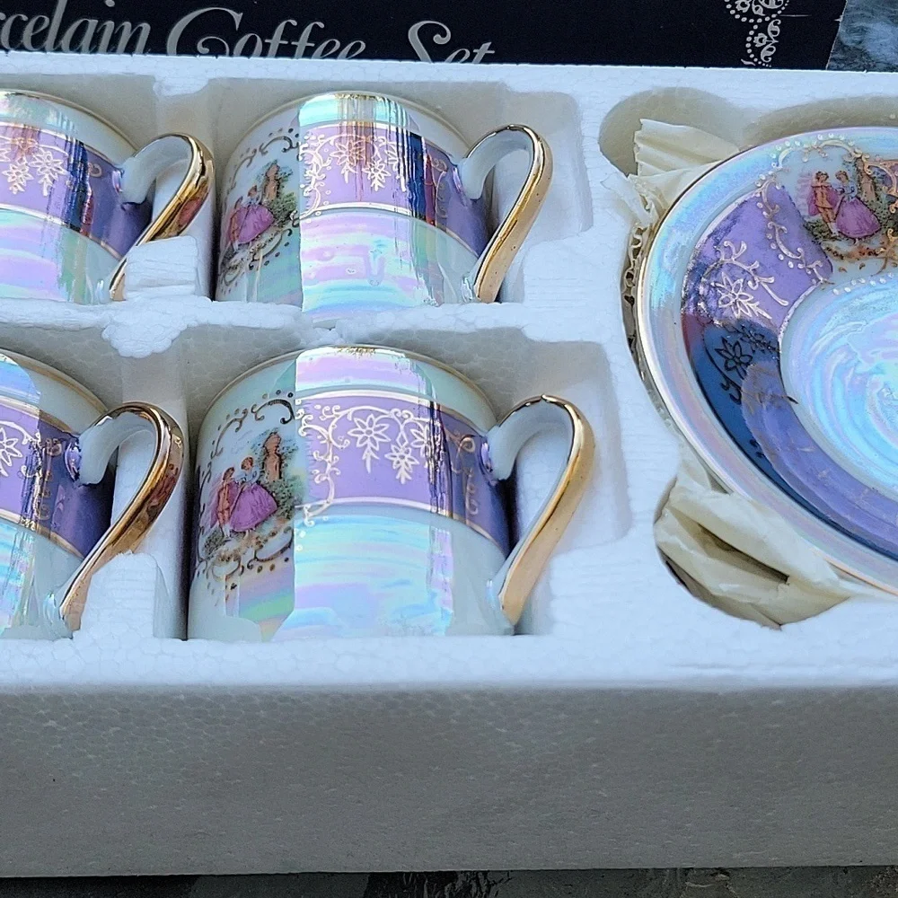 Iridescant Madonna Nacre Pearly Italian Espresso Coffee Turkish 6 Person Set New